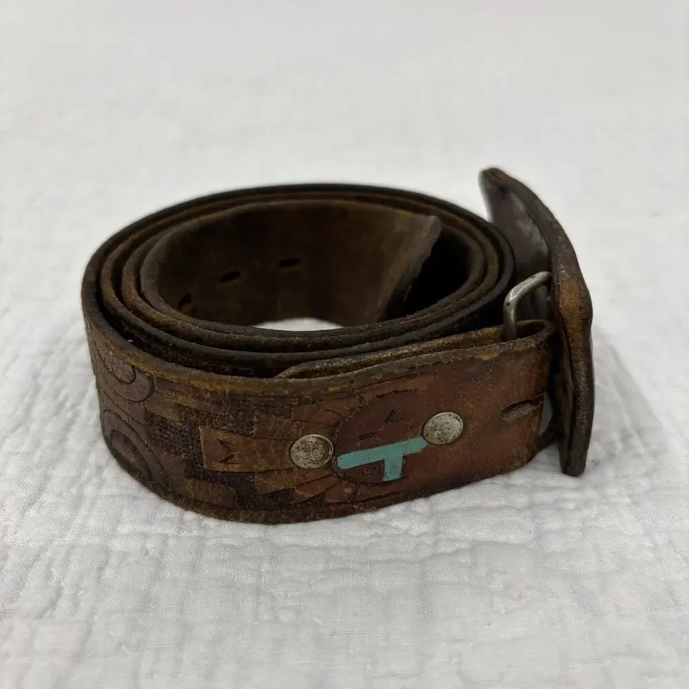 Vintage 70s Tooled Buckle Belt Navajo Geometric Leather Hippie Turquise Paint
